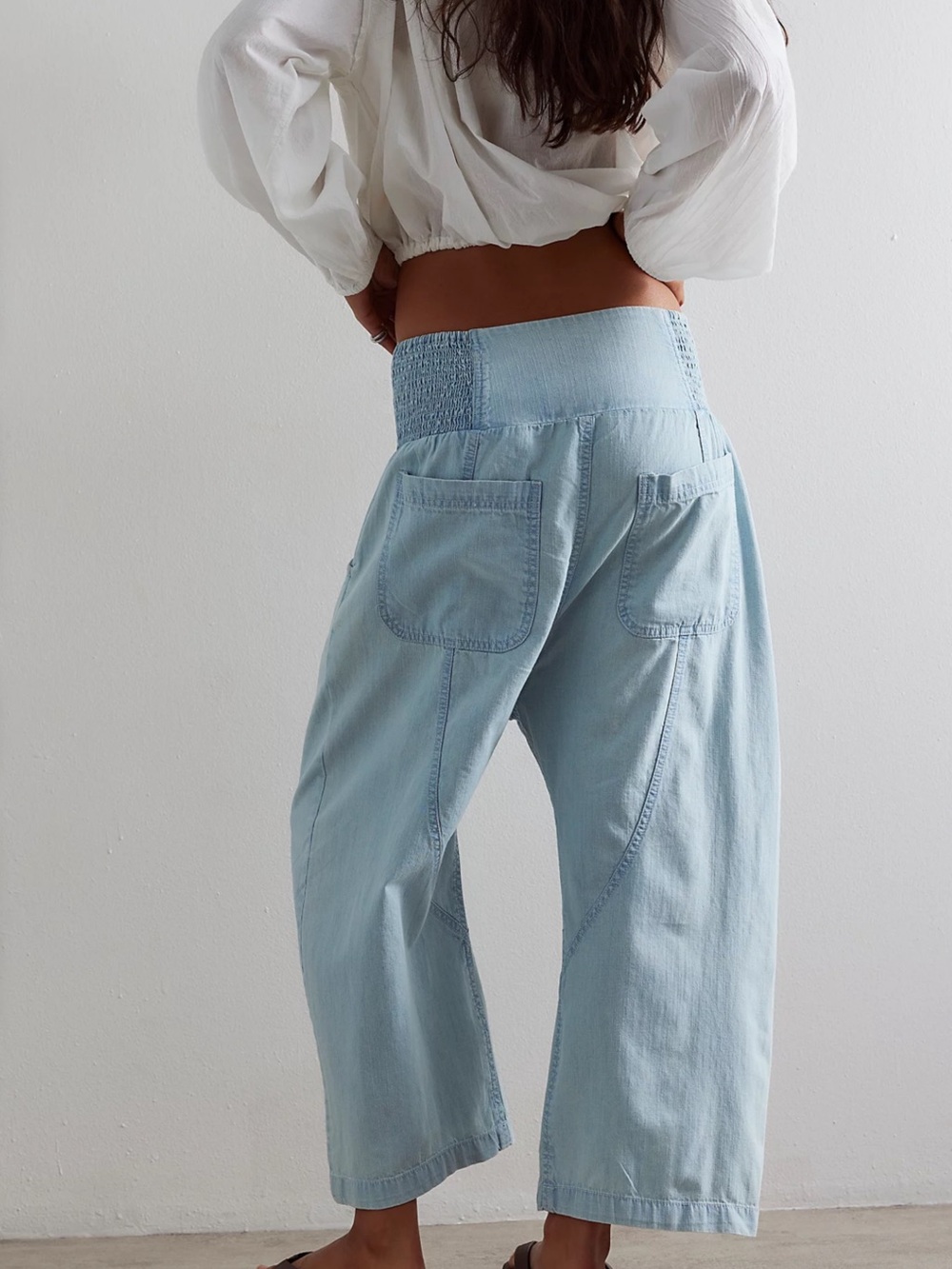 Free People Light Blue Wide-Leg Denim Jeans with Smocked Waist - Picture 2 of 3